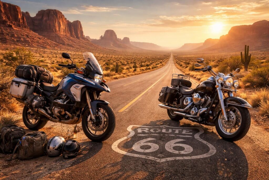 Les loisirs en moto avec des roadtrips BMW GS, Harley-Davidson et la Route 66