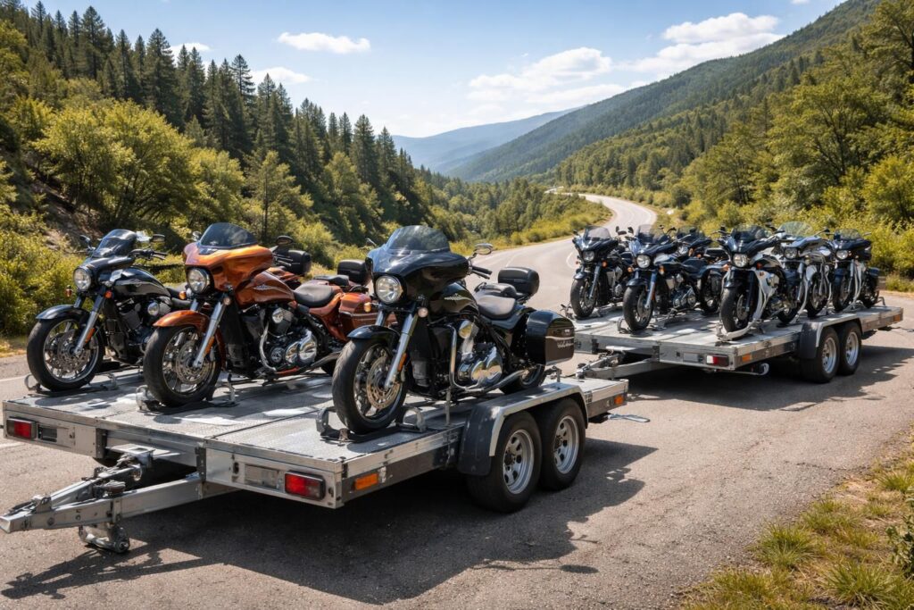 Transport de motos avec remorques adaptées Harley Davidson et BMW pour road trips