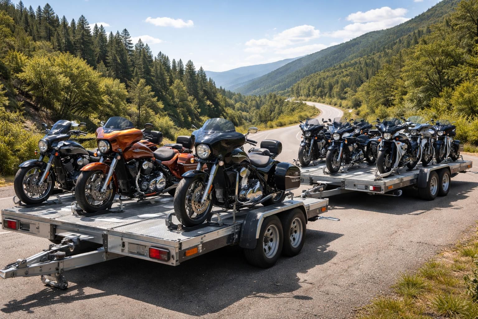 service de transport sécurisé de motos harley davidson et bmw avec remorques adaptées, idéal pour vos road trips en toute tranquillité.